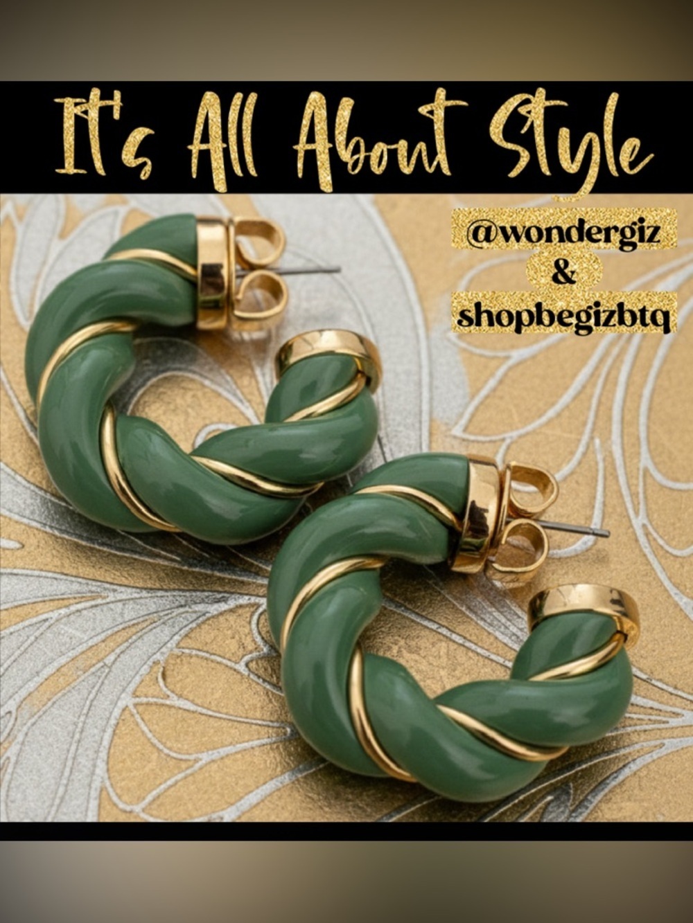 NWOT Authentic Tory Burch Green and Gold Textured Rope Hoop Earrings